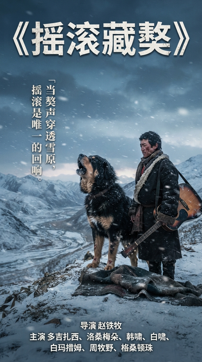 《摇滚藏獒》主视觉：暴风雪中仰头撞向旧吉他的藏獒